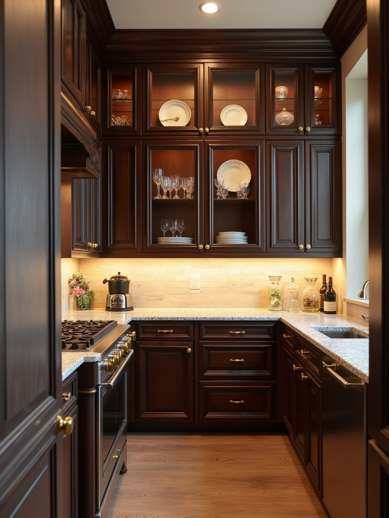 Elegant traditional butler’s pantry featuring dark wood countertops, brass hardware, and glass-front cabinets displaying china.