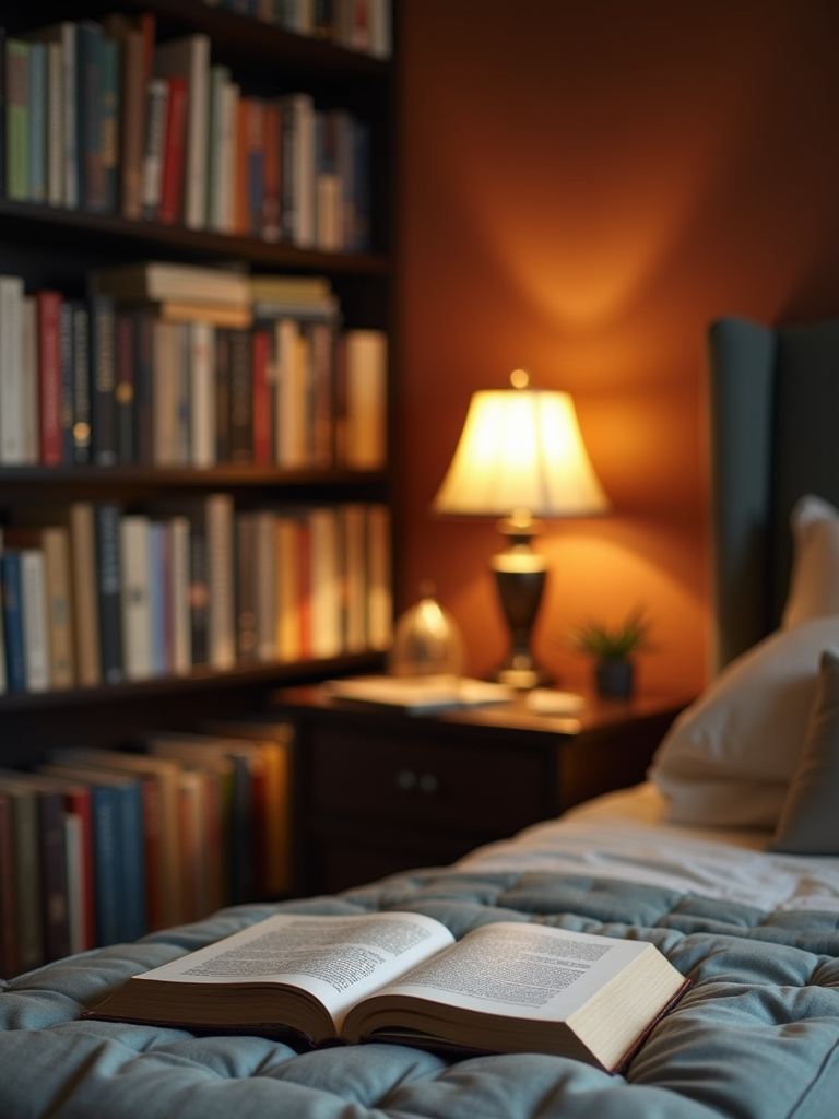 Medium shot of a cozy bedroom featuring a bookshelf or bedside table filled with a curated collection of books, creating an inviting and intellectually stimulating atmosphere.