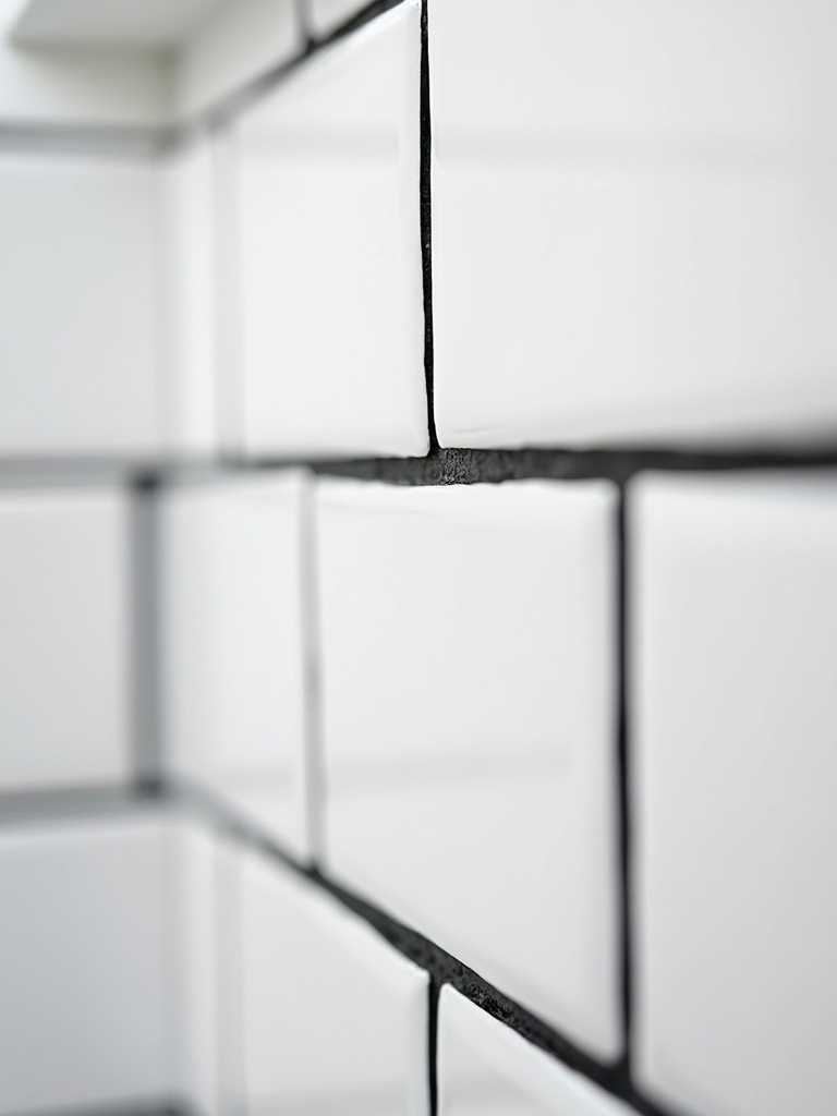 Bathroom detail showcasing white subway tiles with black epoxy grout, highlighting clean grout lines and tile texture under soft side lighting.