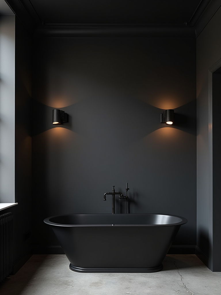 Industrial bathroom featuring dark charcoal grey walls and a black freestanding bathtub, complemented by a concrete floor and minimal lighting from wall sconces, creating a moody and dramatic atmosphere.