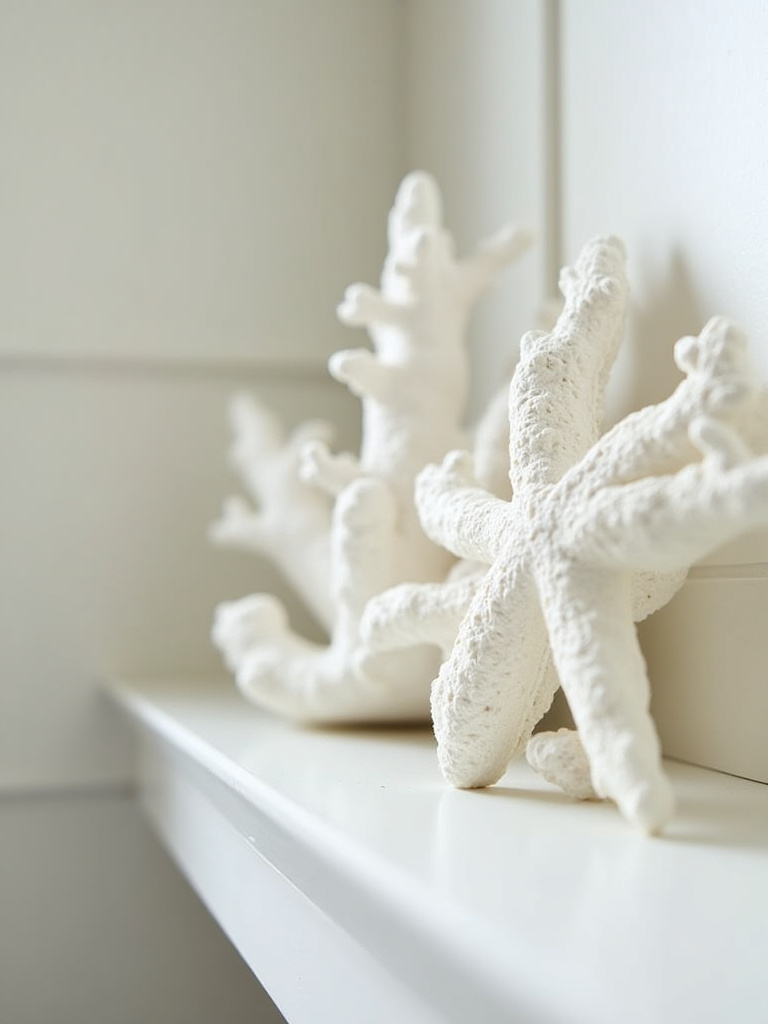 Close-up of white faux coral and sea fan displayed as shelf decor in a coastal bathroom.
