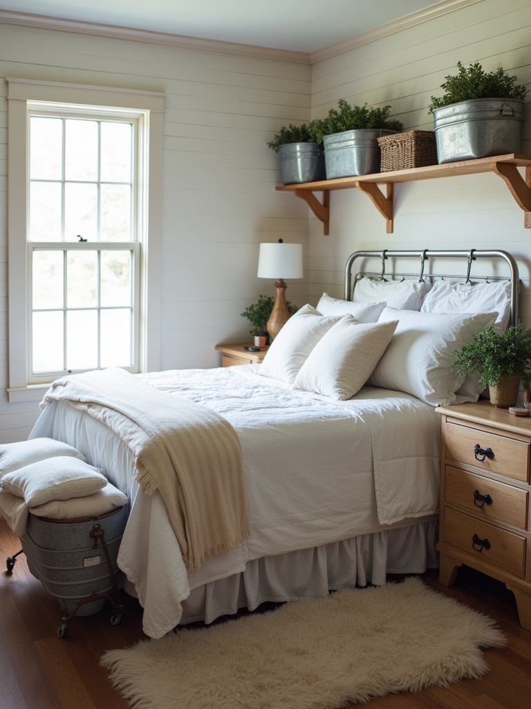 Farmhouse bedroom interior showcasing galvanized metal baskets used for storage on open shelves and under the bed, filled with blankets and pillows, in a room with shiplap walls and wooden furniture, illuminated by natural light.