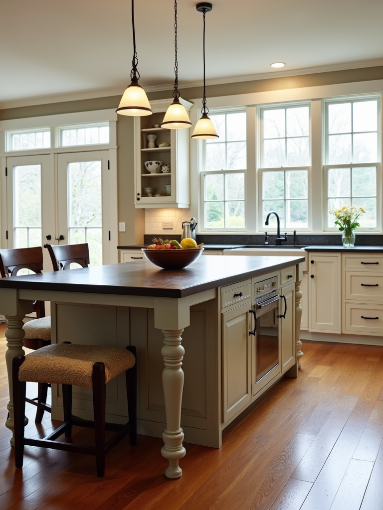 Traditional kitchen featuring a large island with furniture-style legs, a dark wood countertop, and pendant lighting.