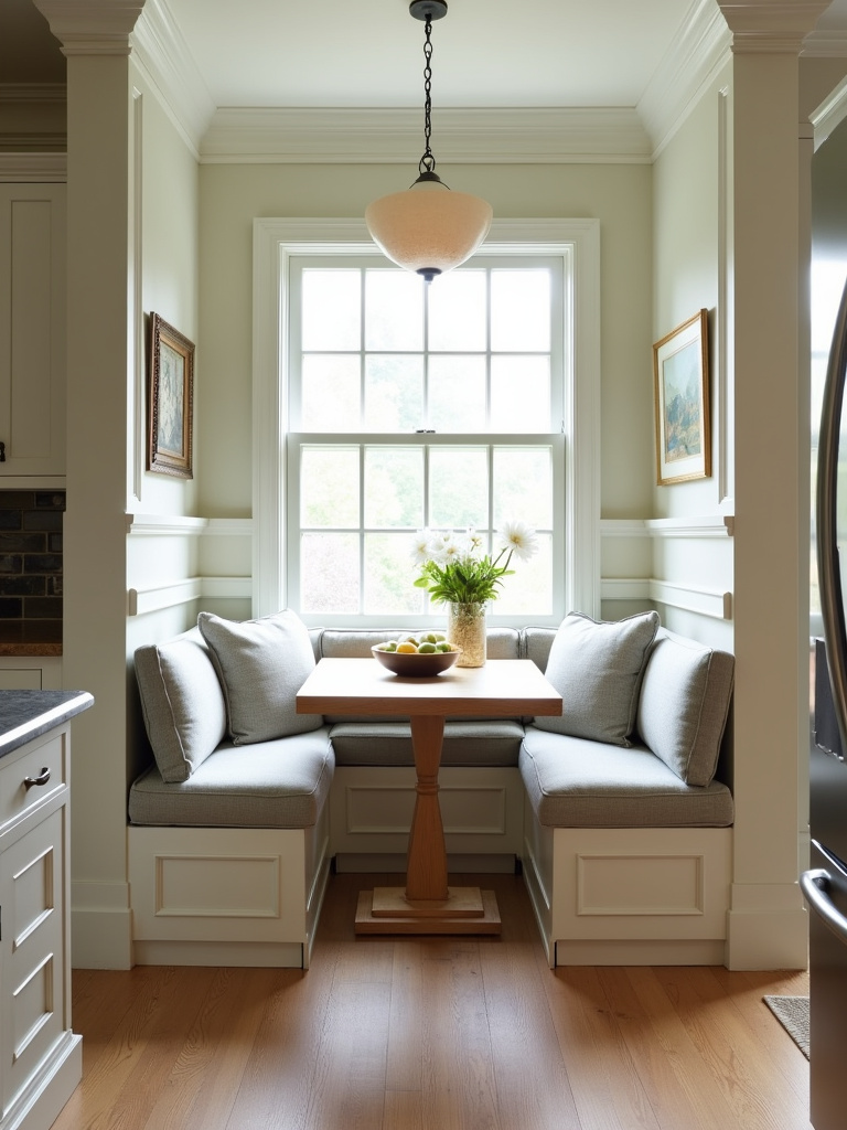 Traditional kitchen featuring a cozy breakfast nook with built-in white cabinetry, upholstered banquette seating, and a light wood table.