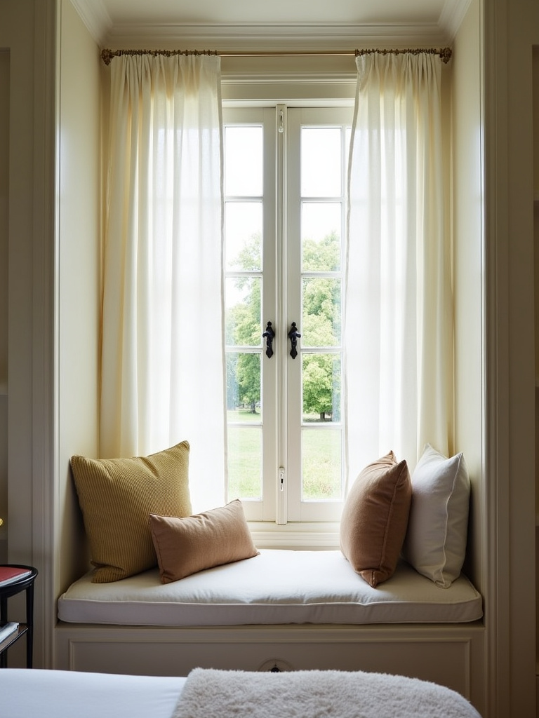 Medium shot of a cozy bedroom window seat featuring plush cushions and pillows, bathed in natural light from a window with sheer curtains, offering a view of a garden scene.