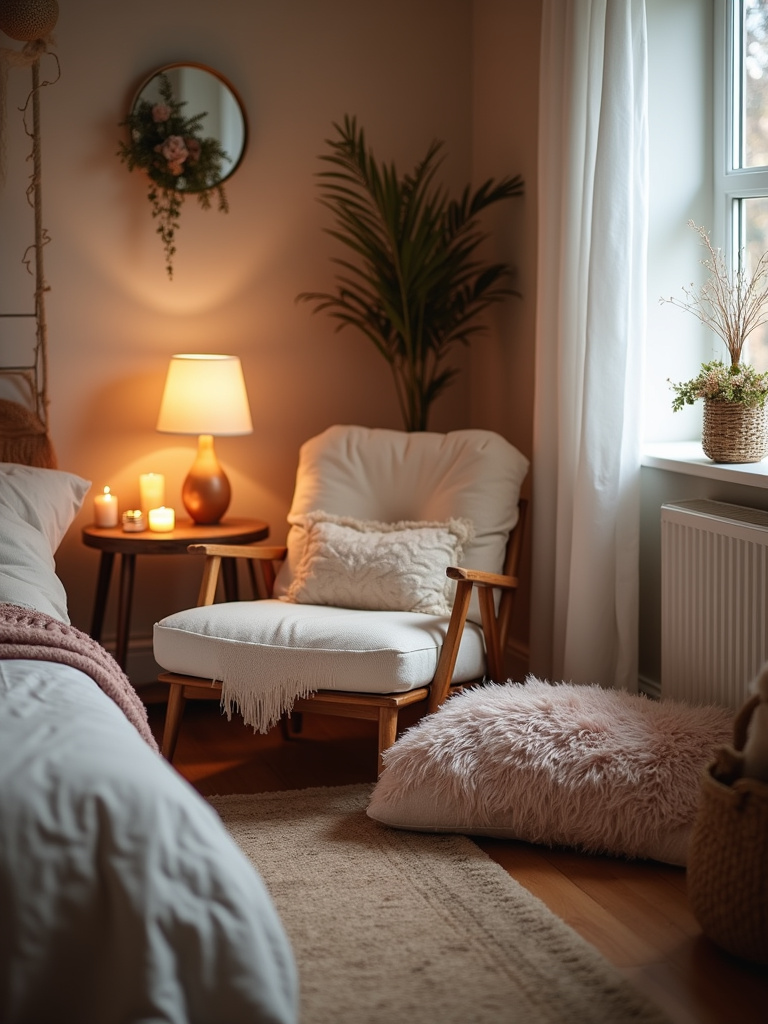 Medium shot of a cozy bedroom Hygge corner, featuring a comfortable armchair, soft textures, warm lighting, and natural elements, creating a sense of Danish-inspired coziness.