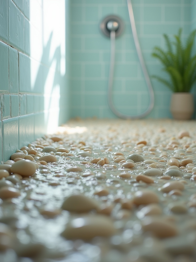 Close-up detail of a coastal bathroom shower floor with pebble tiles and water running over them.