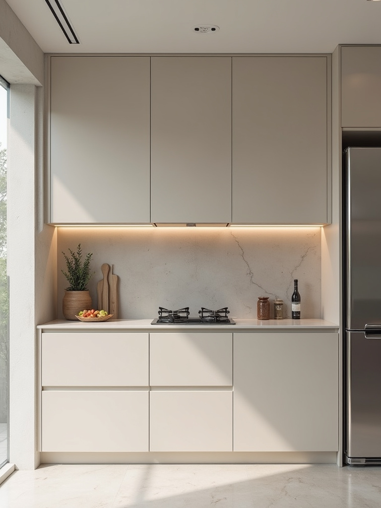 “Modern minimalist kitchen showcasing a layout designed for efficient flow, highlighting the work triangle between sink, cooktop, and refrigerator, and ergonomic countertop height.”