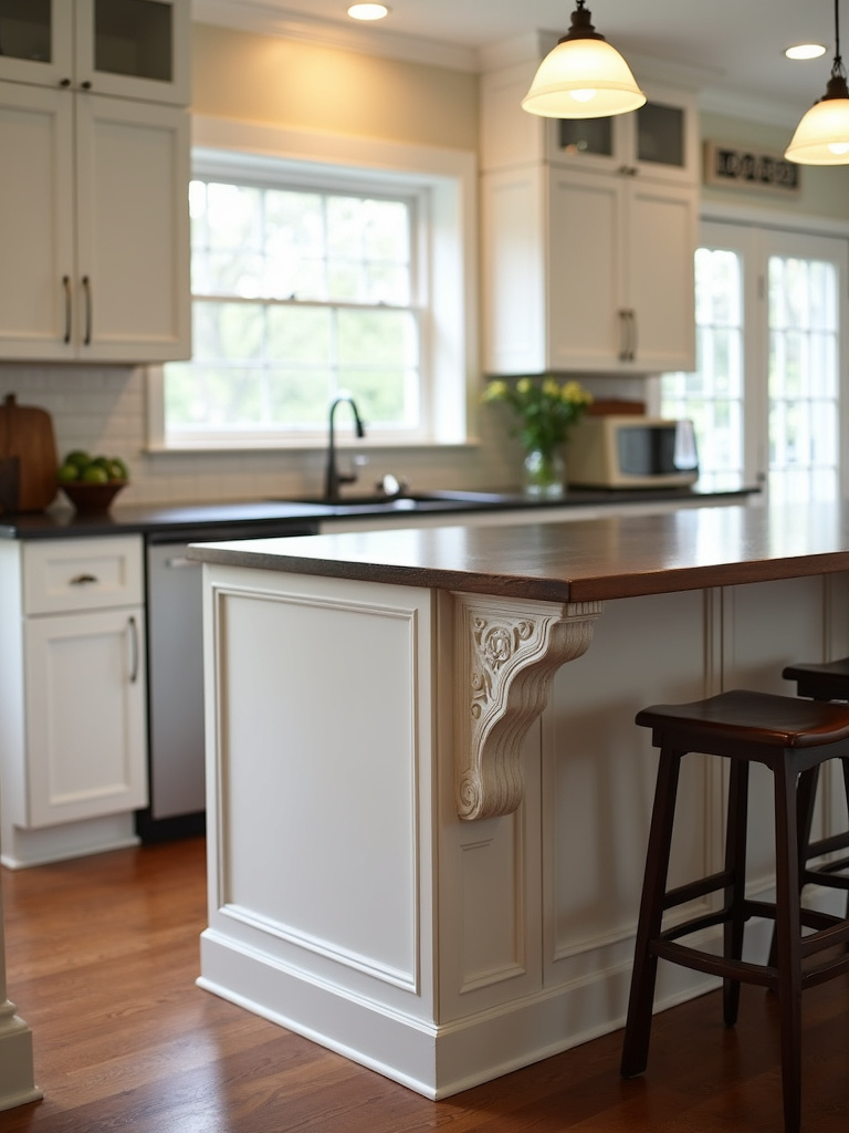Traditional kitchen island showcasing decorative wood corbels and furniture-style cabinet legs on painted white cabinets.