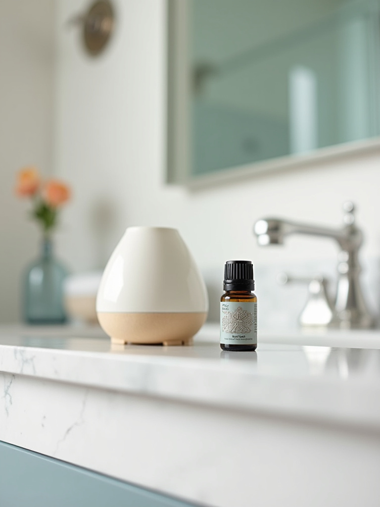 Close-up of an essential oil diffuser with a coastal-themed scent on a bathroom vanity countertop.
