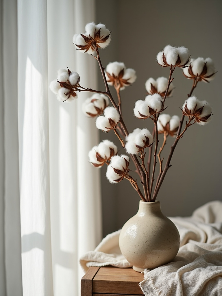 Close-up view of a rustic ceramic vase filled with loosely arranged cotton stems, highlighted by soft side lighting, emphasizing texture and detail against a neutral farmhouse bedroom background.