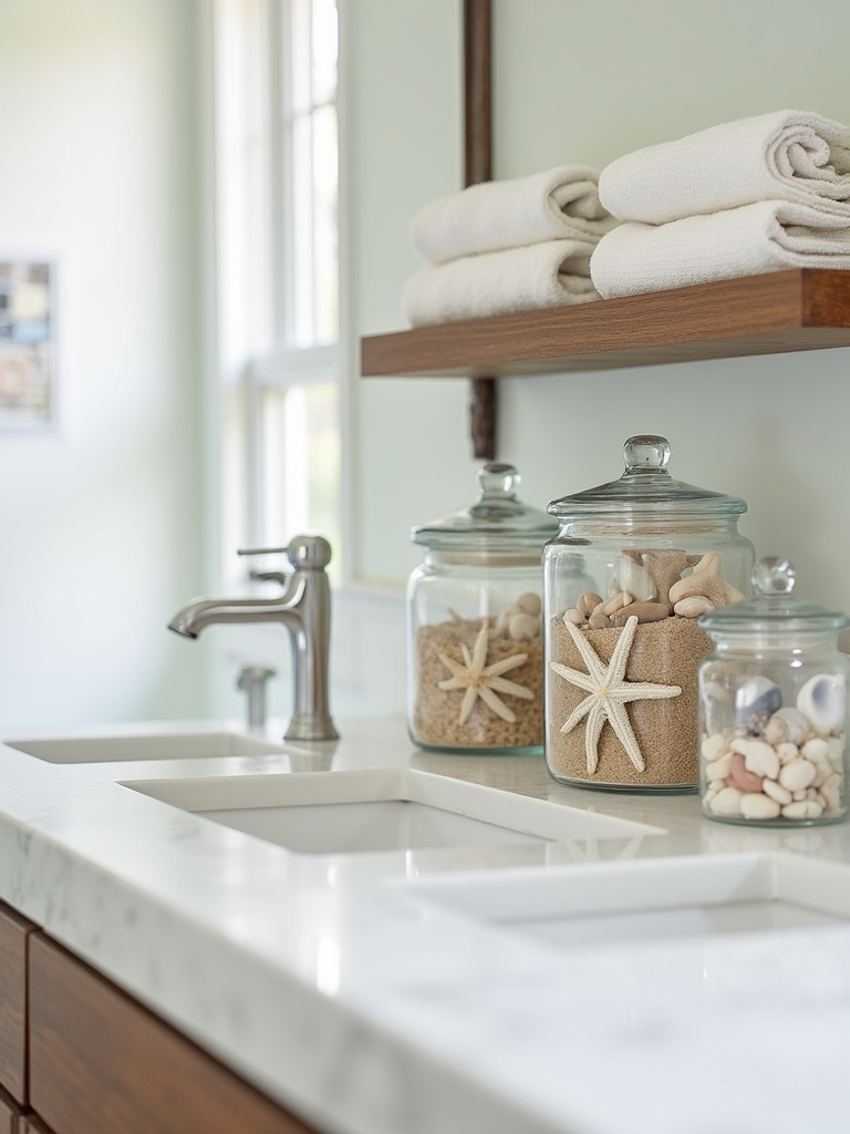 Coastal bathroom shelf decor featuring glass jars filled with seashells, starfish, and sand.