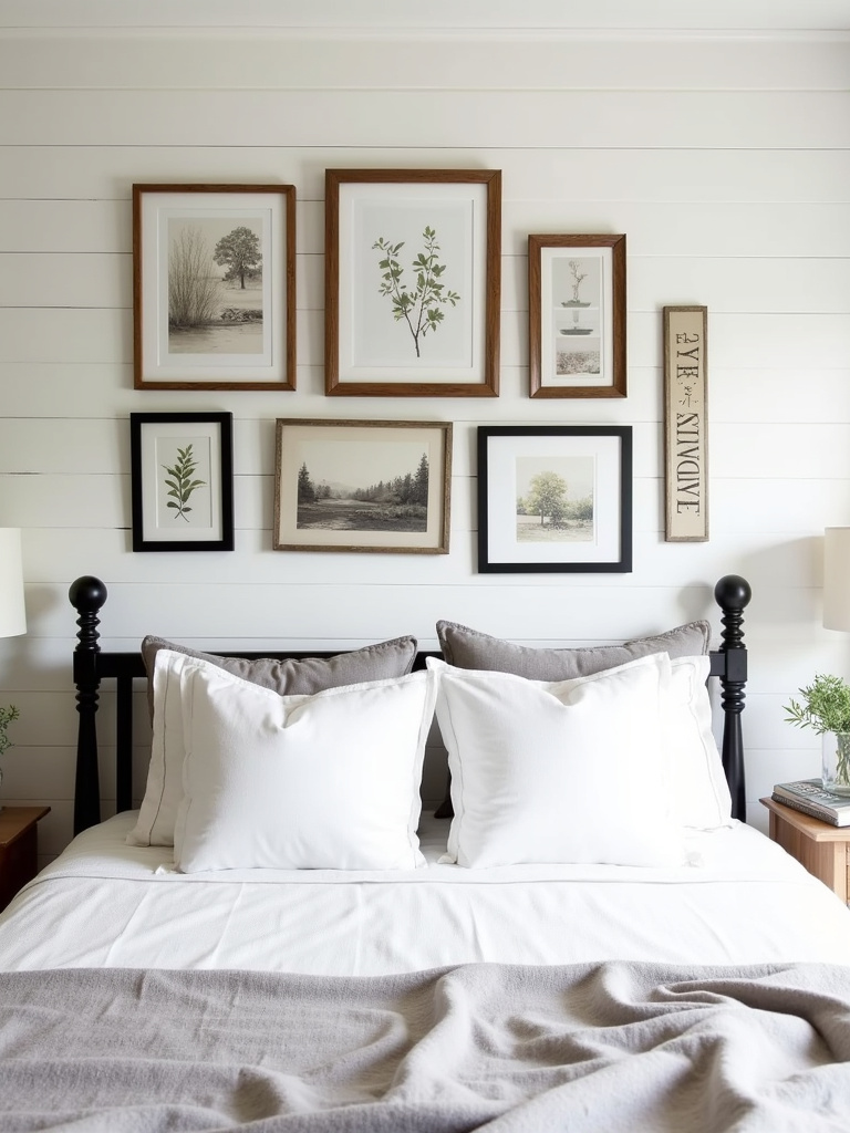 Farmhouse bedroom gallery wall above a bed, featuring a mix of framed art prints with farmhouse themes in wooden and black frames, set against a white shiplap wall with neutral bedding.