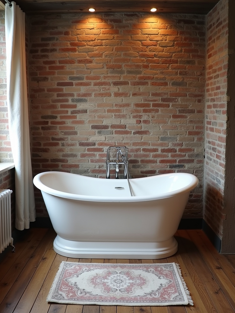 Industrial bathroom showcasing distressed wood plank flooring and a freestanding white bathtub, set against an exposed brick wall with a vintage rug on the floor, under soft ambient lighting.