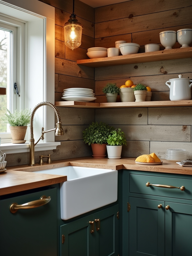Authentic farmhouse kitchen with a distressed reclaimed barn wood backsplash and vintage details.