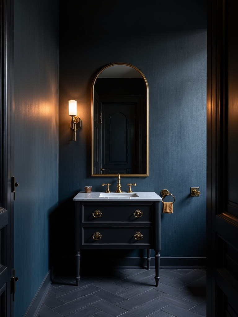 Moody bathroom with dark navy blue textured wallpaper, dark wood vanity, and gold accents.