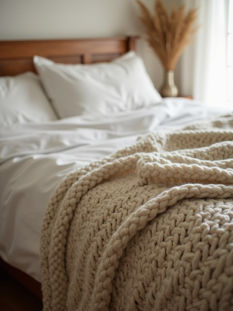 Close-up view of a chunky knit blanket draped over the foot of a bed with white linen bedding and a wooden frame, highlighted by soft warm light, emphasizing the blanket’s texture and the cozy farmhouse bedroom atmosphere.