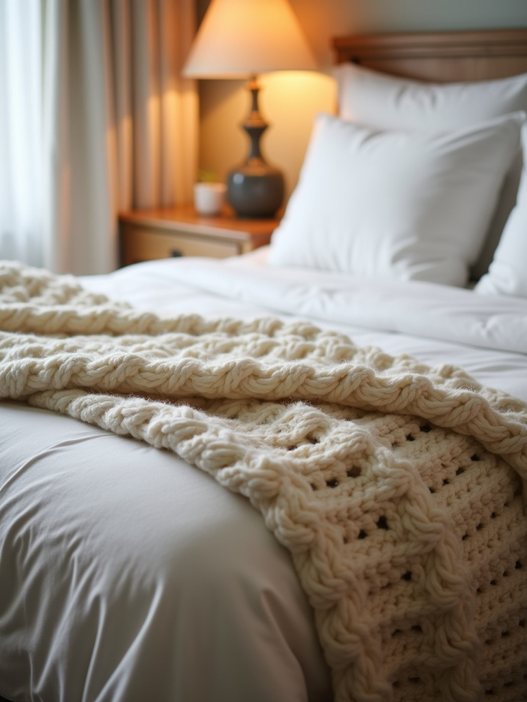 Medium shot of a cozy bedroom featuring a chunky knit throw blanket draped across the foot of a bed, with soft warm lighting from a bedside lamp creating an inviting atmosphere.
