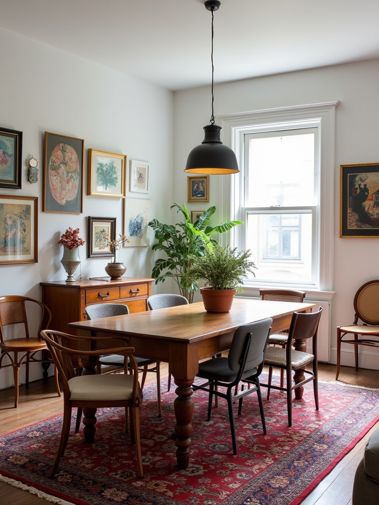 Eclectic dining room with a wooden table and a mix of mismatched dining chairs in various styles and colors.