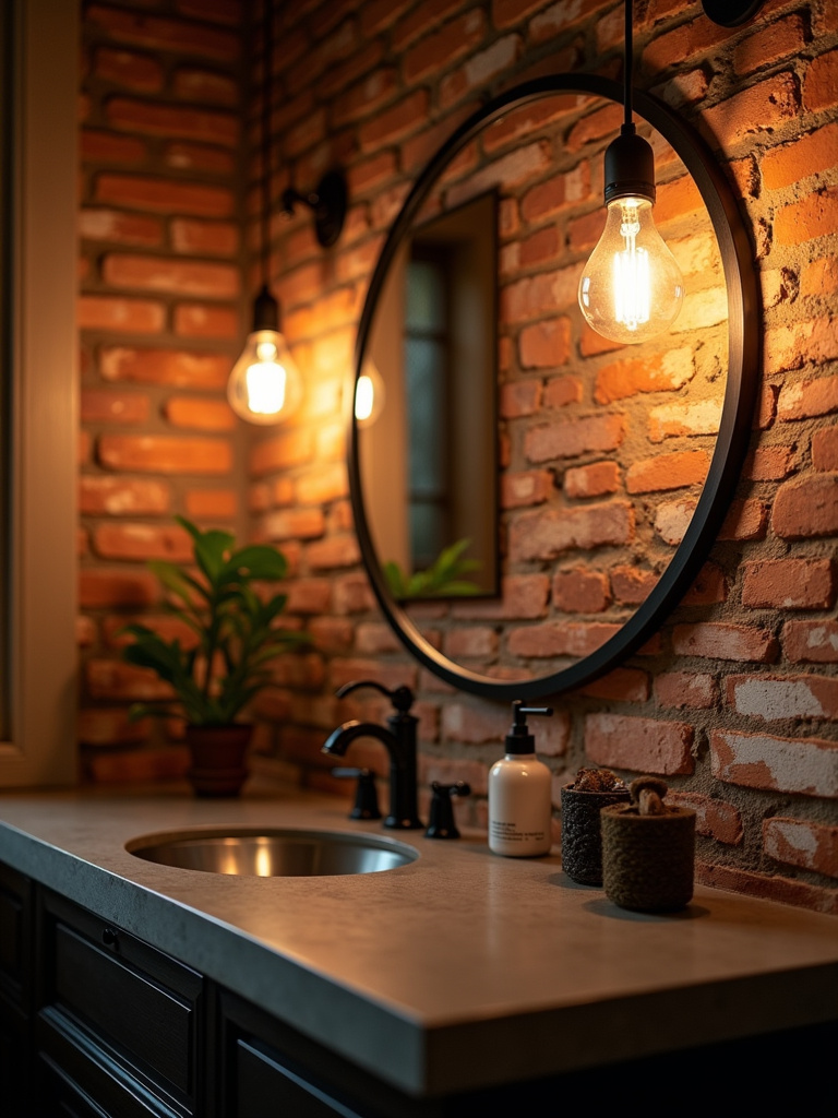 Industrial bathroom illuminated by two Edison bulb pendant lights hanging above a vanity with a concrete countertop and round mirror, set against an exposed brick wall, creating a warm and inviting ambiance.