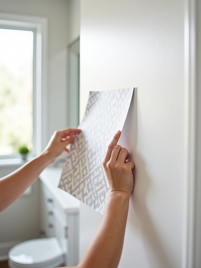 DIY bathroom update with hands applying grey and white geometric peel and stick wallpaper.