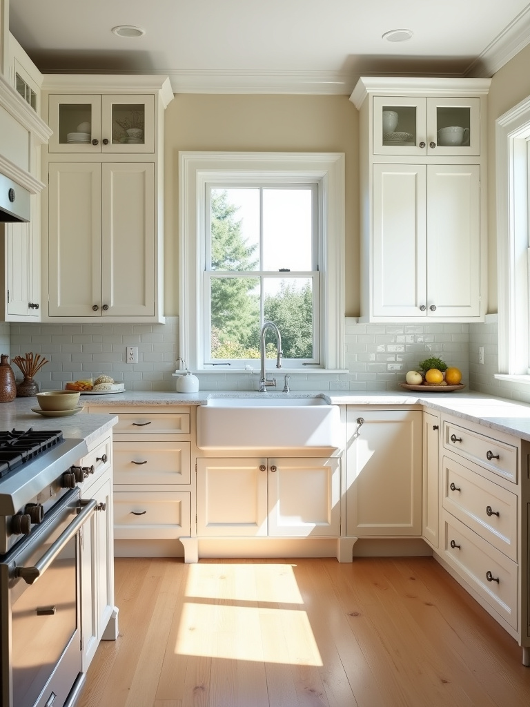 Traditional kitchen with creamy white painted cabinets, marble countertops, and polished nickel hardware in a bright and airy setting.