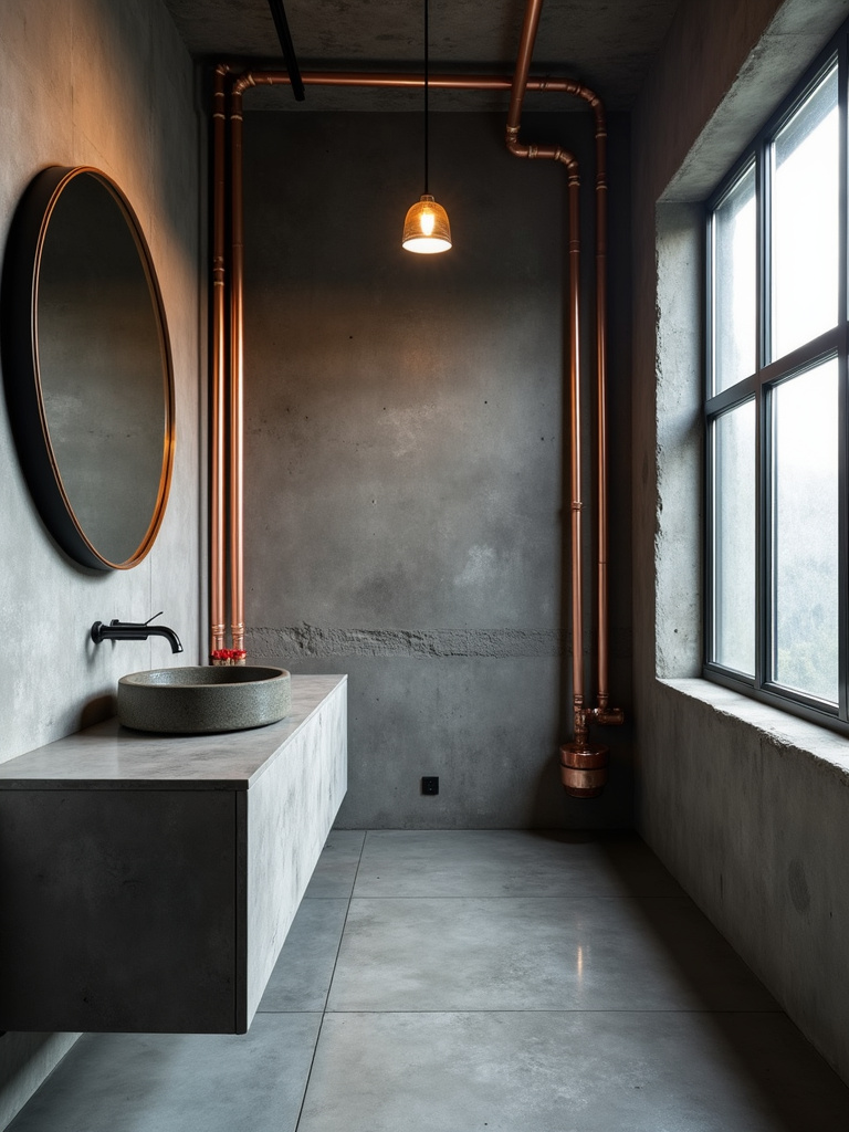 Industrial bathroom featuring exposed copper pipes running horizontally along a dark grey concrete wall, complemented by a minimalist vanity and concrete sink under soft natural light.