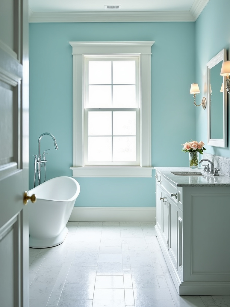 Bright and airy coastal bathroom with light blue walls and white trim.