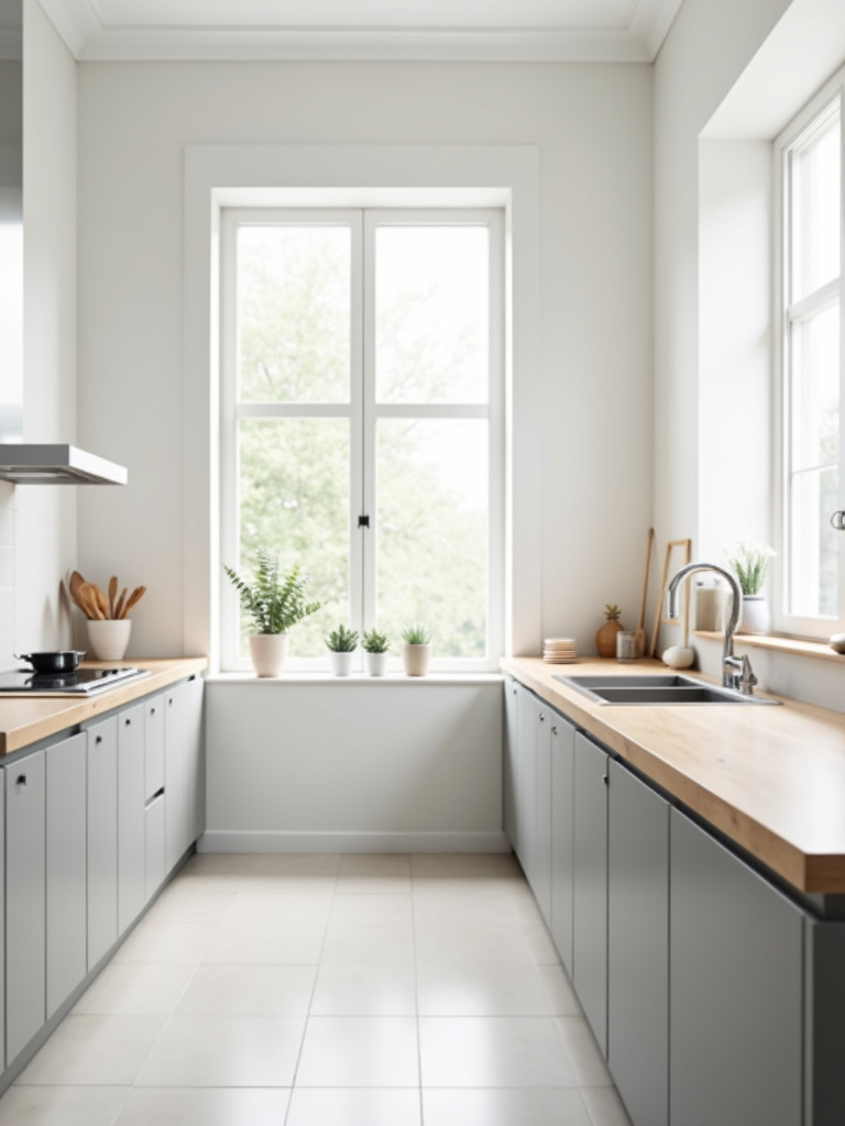 “Minimalist kitchen with white walls, light gray cabinets, and light wood countertops, bathed in natural daylight, showcasing a serene neutral color palette.”