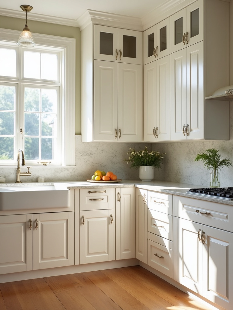 Traditional kitchen featuring warm white raised panel cabinet doors, marble countertops, and polished nickel hardware.