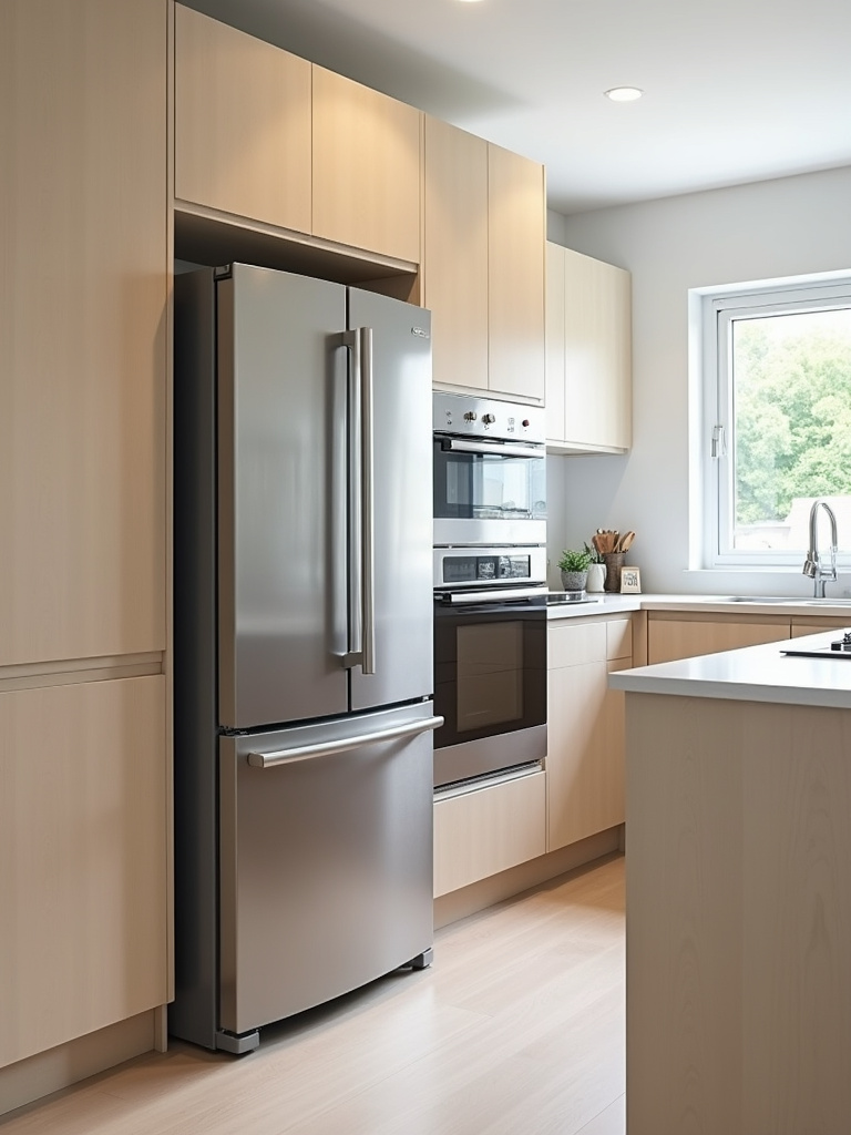 Modern kitchen with stainless steel energy-efficient appliances.