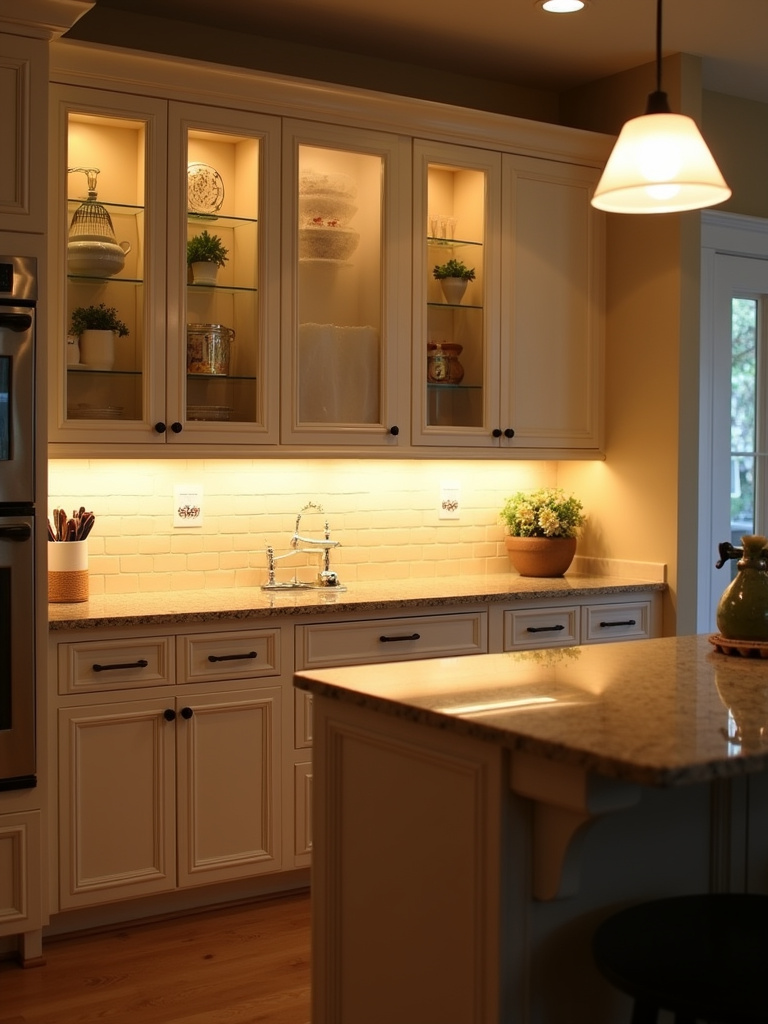Traditional kitchen at dusk featuring warm under-cabinet lighting illuminating the countertops and backsplash.