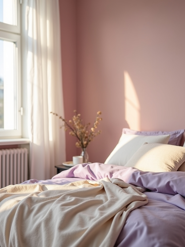 Medium shot of a cozy bedroom featuring a muted pastel color scheme with dusty rose walls, pale lavender and cream bedding, and soft natural light, creating a gentle and subtly warm atmosphere.