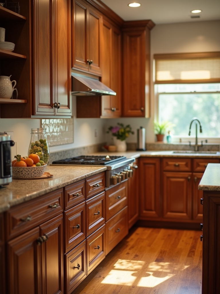 Traditional kitchen featuring oak wood cabinets with a rich stain, granite countertops, and brass hardware.
