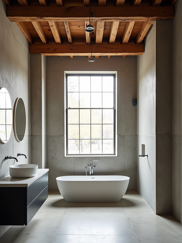 Industrial bathroom featuring a high ceiling with exposed wood beams above a freestanding bathtub, complemented by concrete walls and a large window, bathed in bright and spacious natural light.
