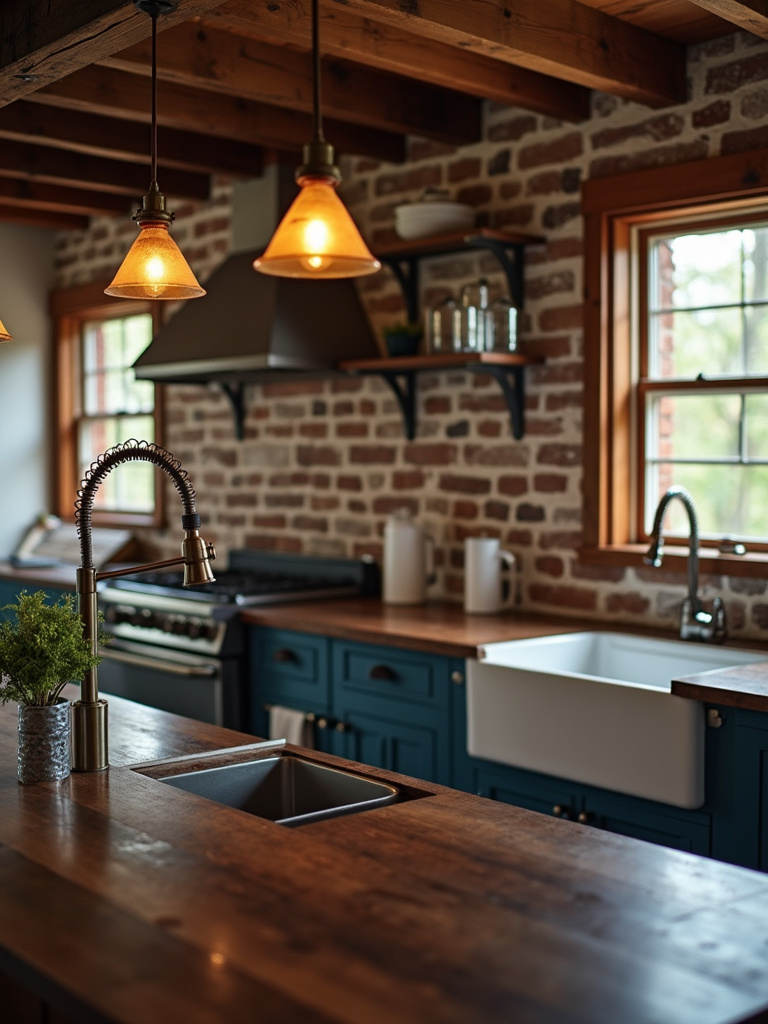 Rustic farmhouse kitchen featuring a warm exposed brick backsplash and dark wood countertops.