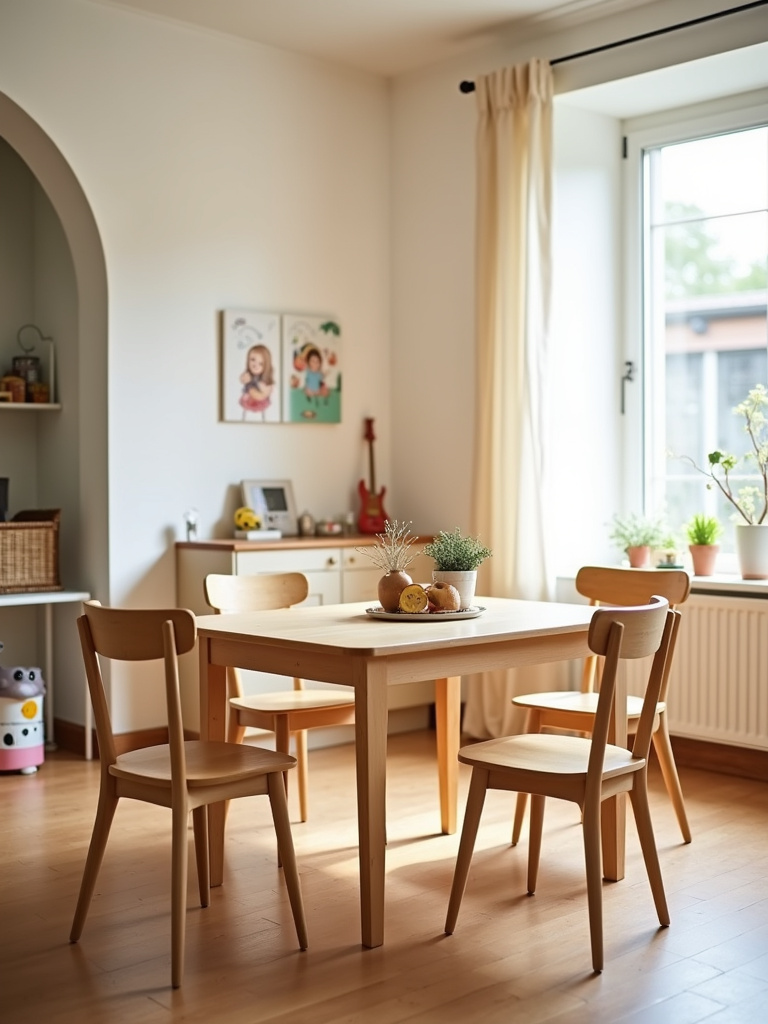 Family dining room with a compact extendable dining table, four chairs, and a warm, inviting atmosphere.