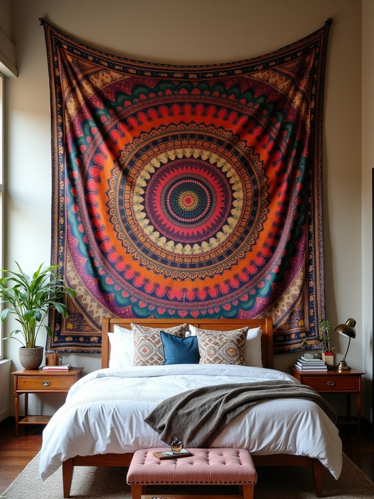 Eye-catching wall tapestry hanging above a bed in a bedroom, adding color and pattern to the space.