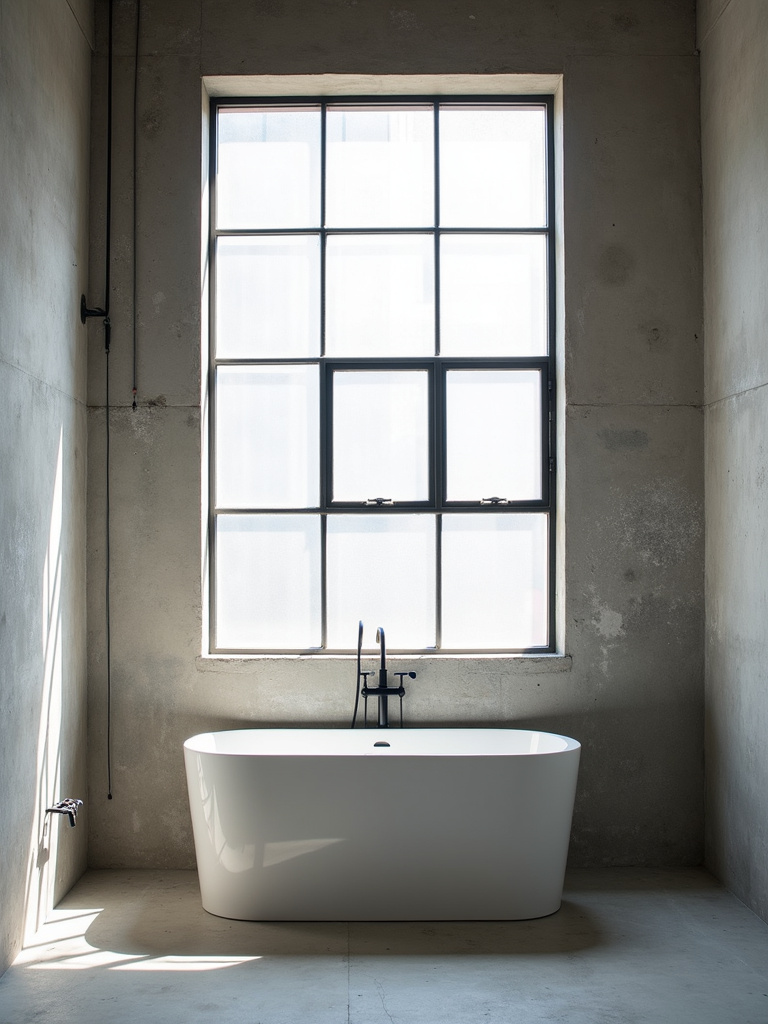 Industrial bathroom showcasing a large factory-style window with a black metal frame, illuminating a minimalist white bathtub placed underneath it against concrete walls, bathed in bright natural light.