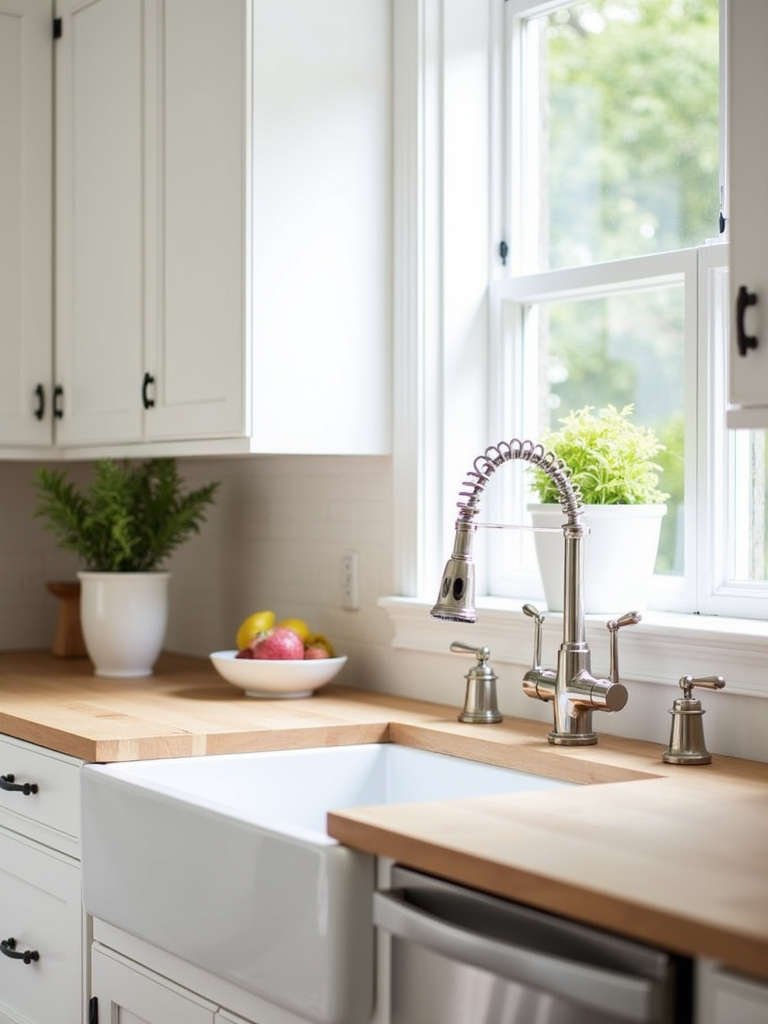 Kitchen with a white fireclay farmhouse sink and bridge faucet.
