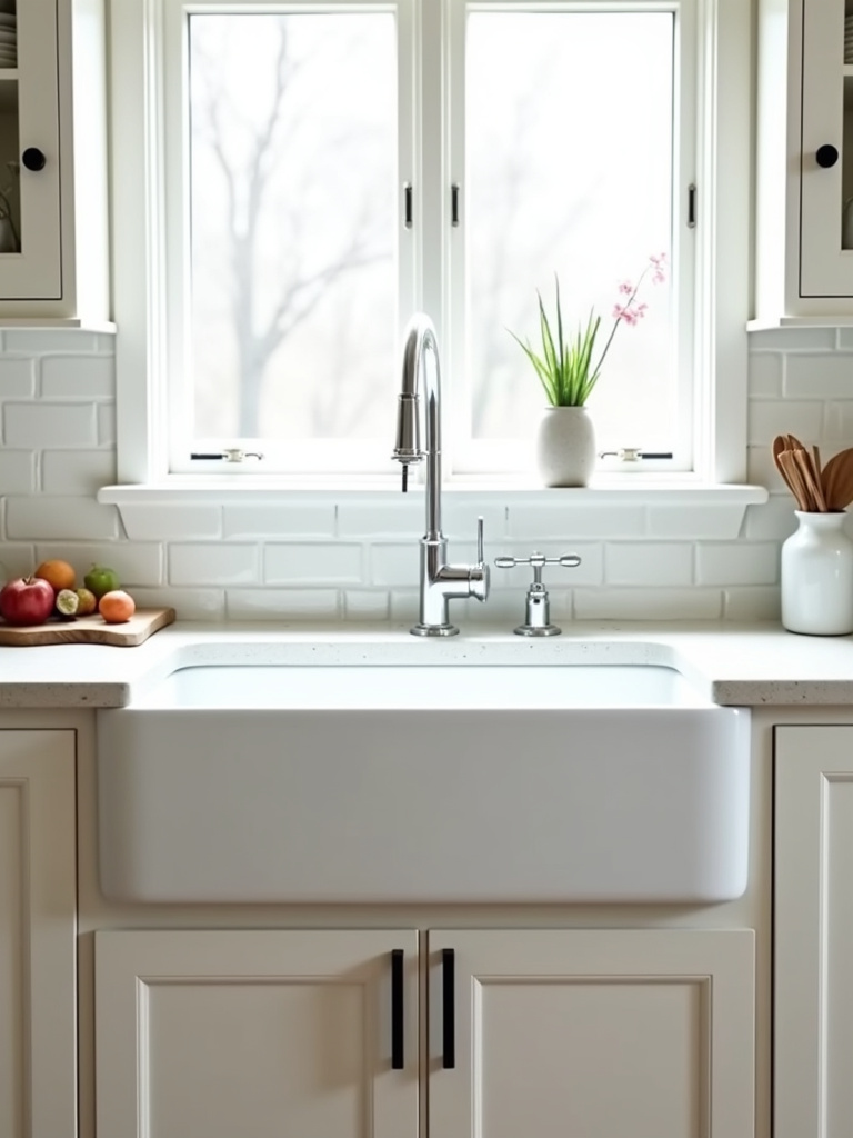 Charming white farmhouse kitchen sink with a prominent white apron front, adding rustic character to a white kitchen design.