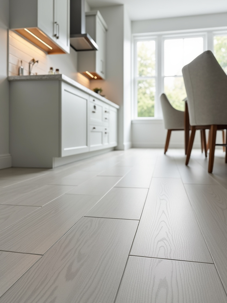 Kitchen with light grey large-format tile flooring and white shaker cabinets.