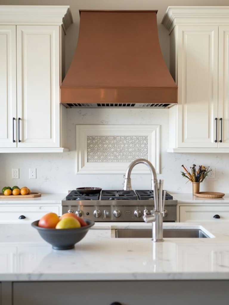 Kitchen with a statement copper range hood as a focal point and neutral palette.