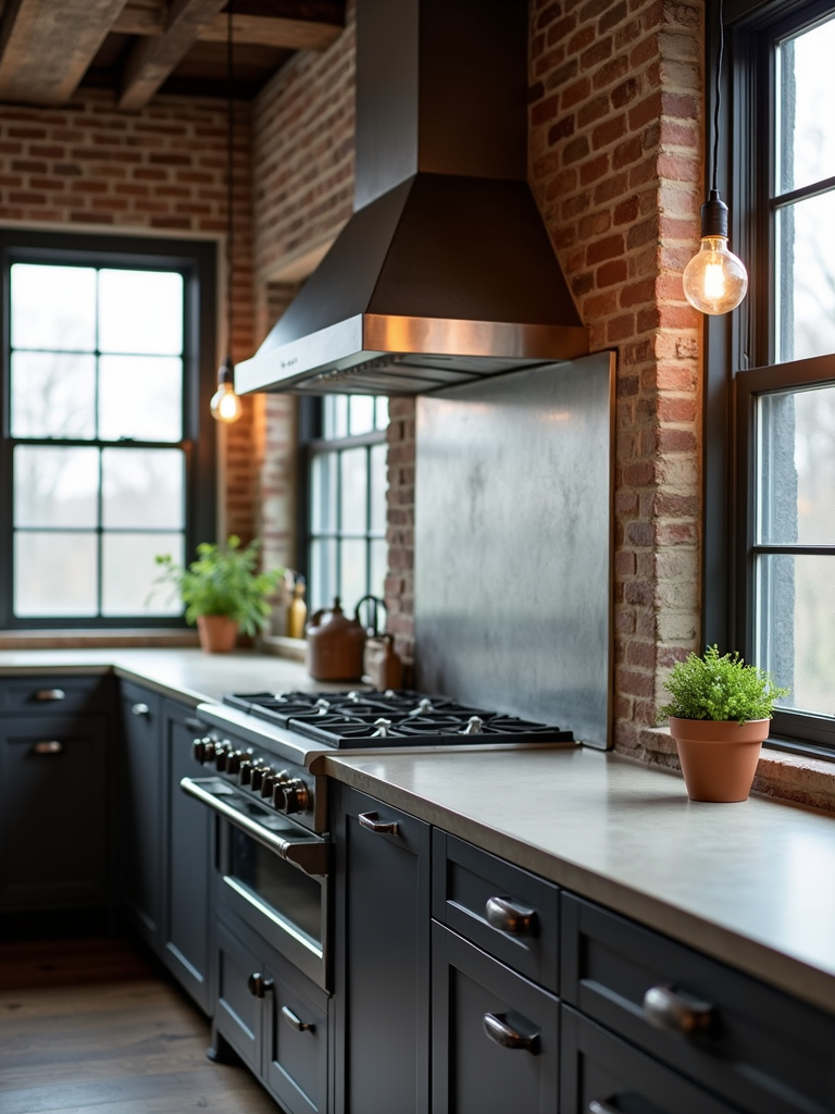 Industrial farmhouse kitchen featuring a galvanized metal backsplash and dark gray cabinets.