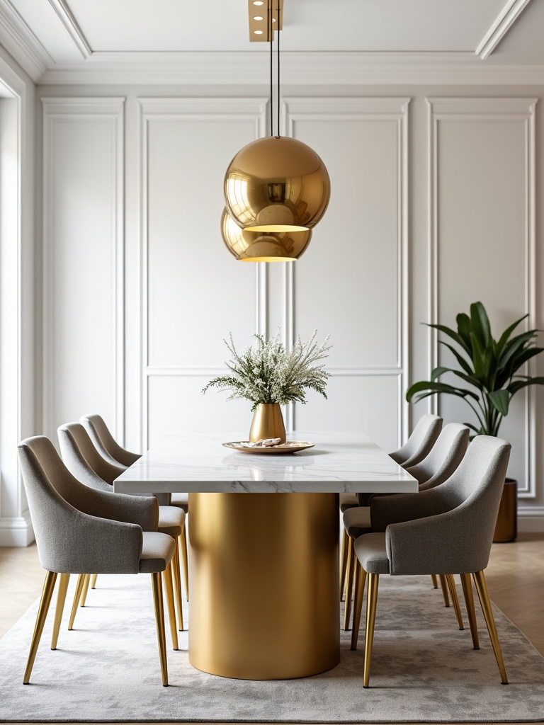 Glamorous dining room with a gold base dining table, upholstered chairs with gold legs, and gold pendant lights.