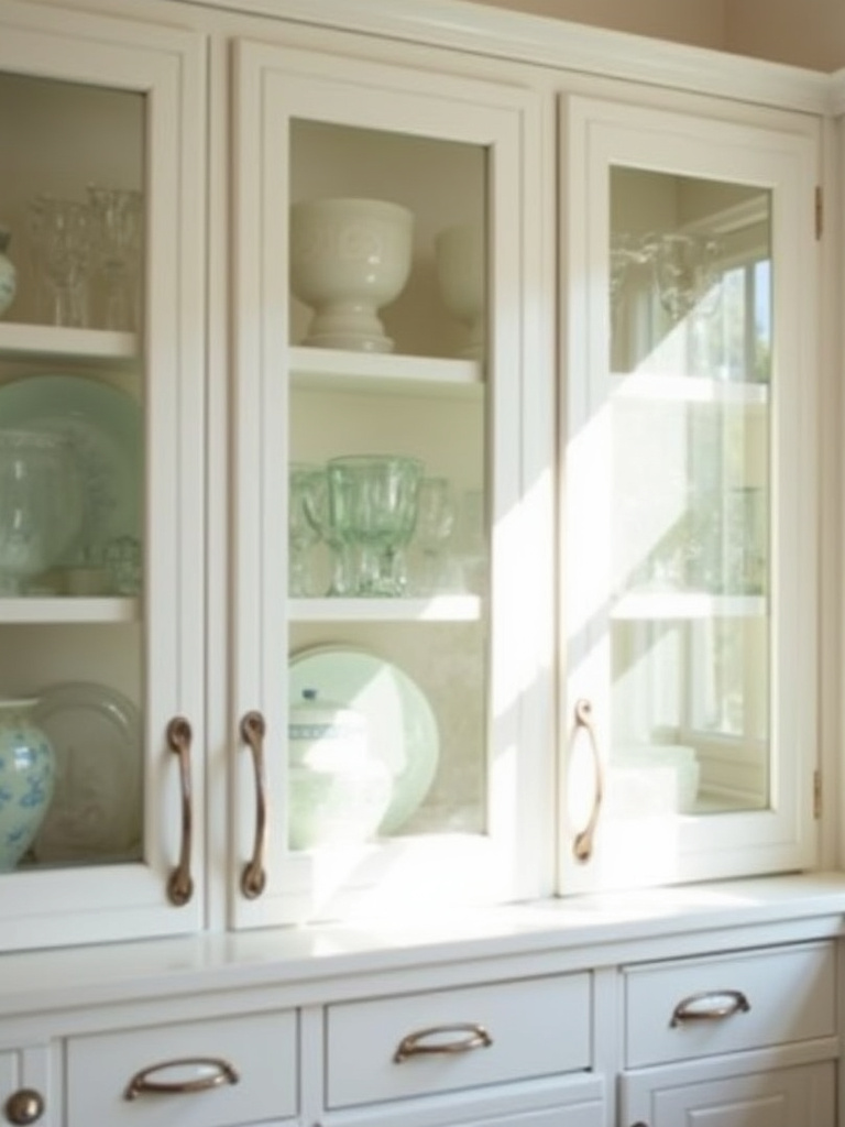 Light and airy white kitchen cabinets with glass cabinet doors, showcasing the open and spacious feel created by glass panels and light reflection.