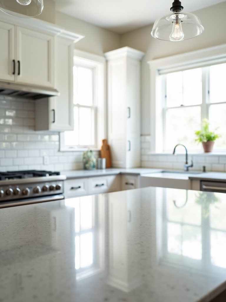 Clean and bright farmhouse kitchen with a glossy white glass subway tile backsplash.