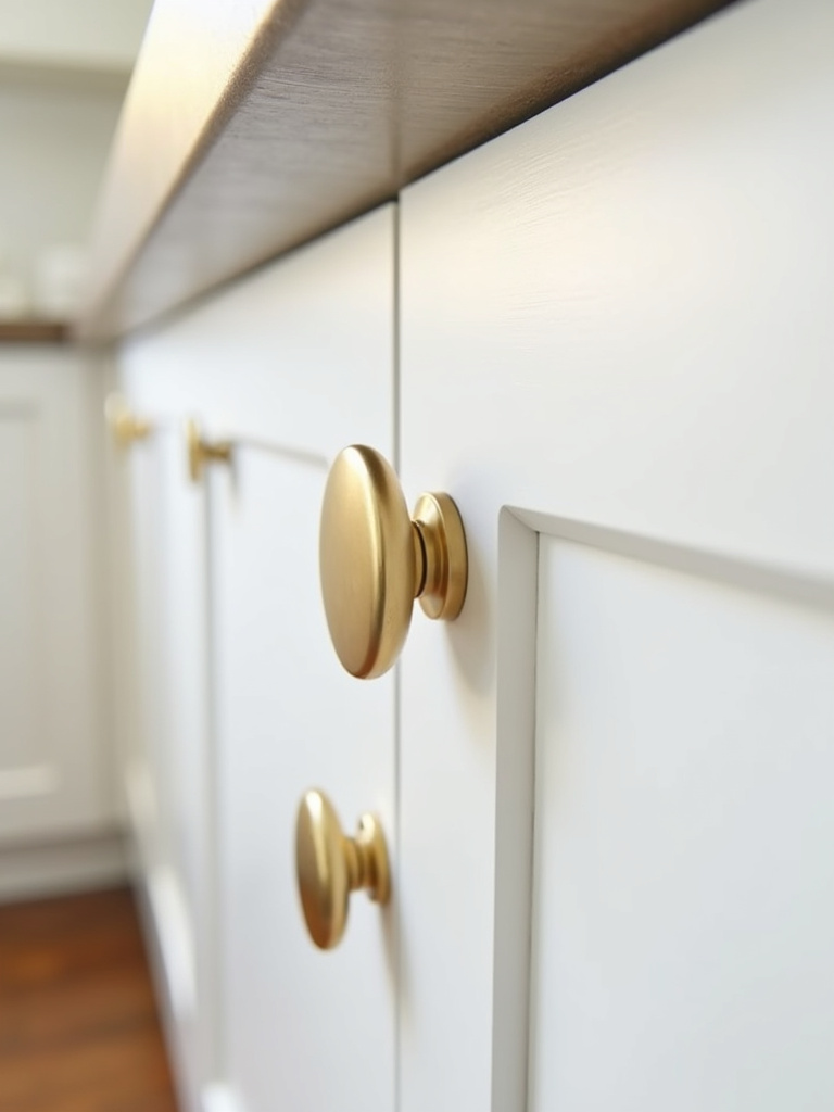 Elegant white kitchen cabinet detail featuring brushed gold hardware (knobs and pulls), showcasing the warm metallic accent against the white cabinetry.