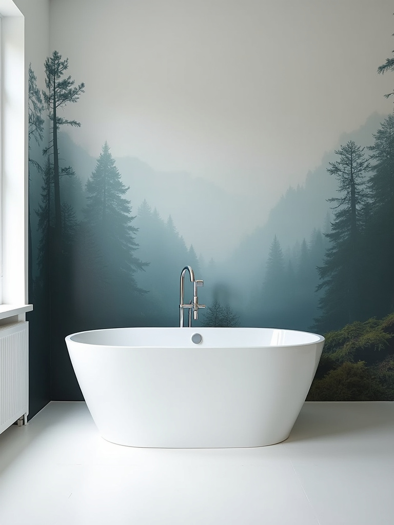 Bathroom transformed by a large panoramic landscape wall mural behind a freestanding bathtub.