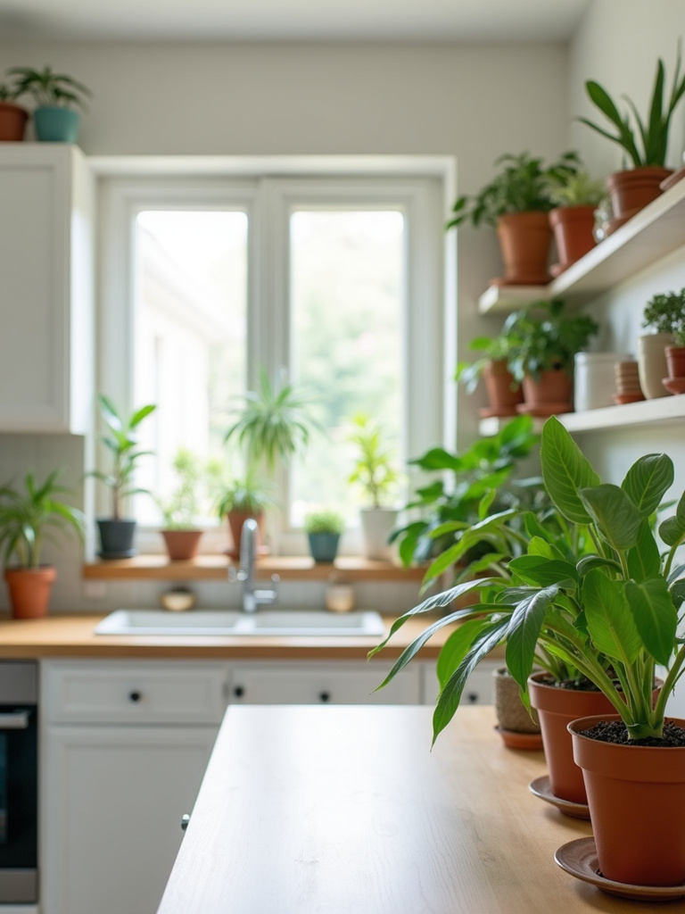 Kitchen with potted plants on open shelves and countertops, adding greenery.